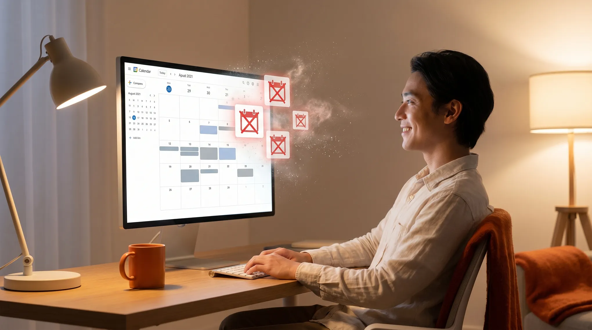 Photo: usecarly.com Google Calendar illustration with a shield blocking suspicious meeting invites and a trash icon clearing spam events
