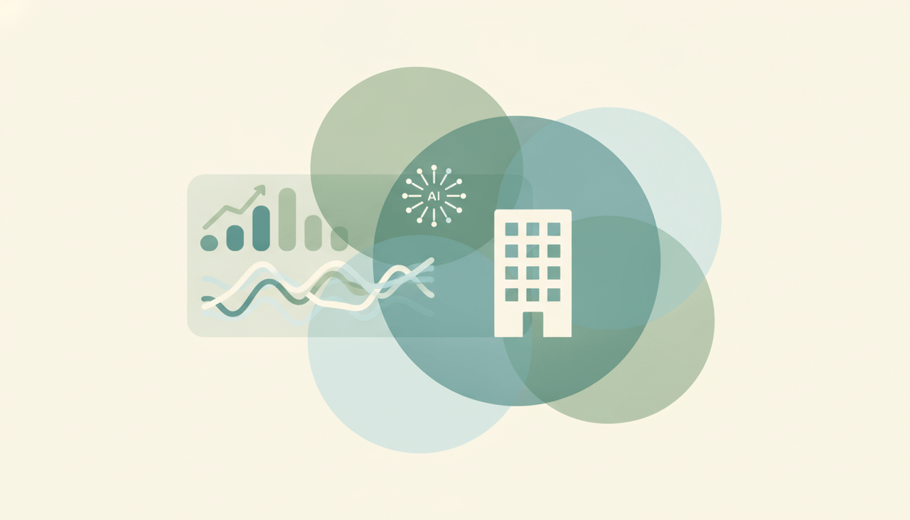 Abstract dashboard of rising charts beside an AI node and an office building, representing AI in the workplace statistics