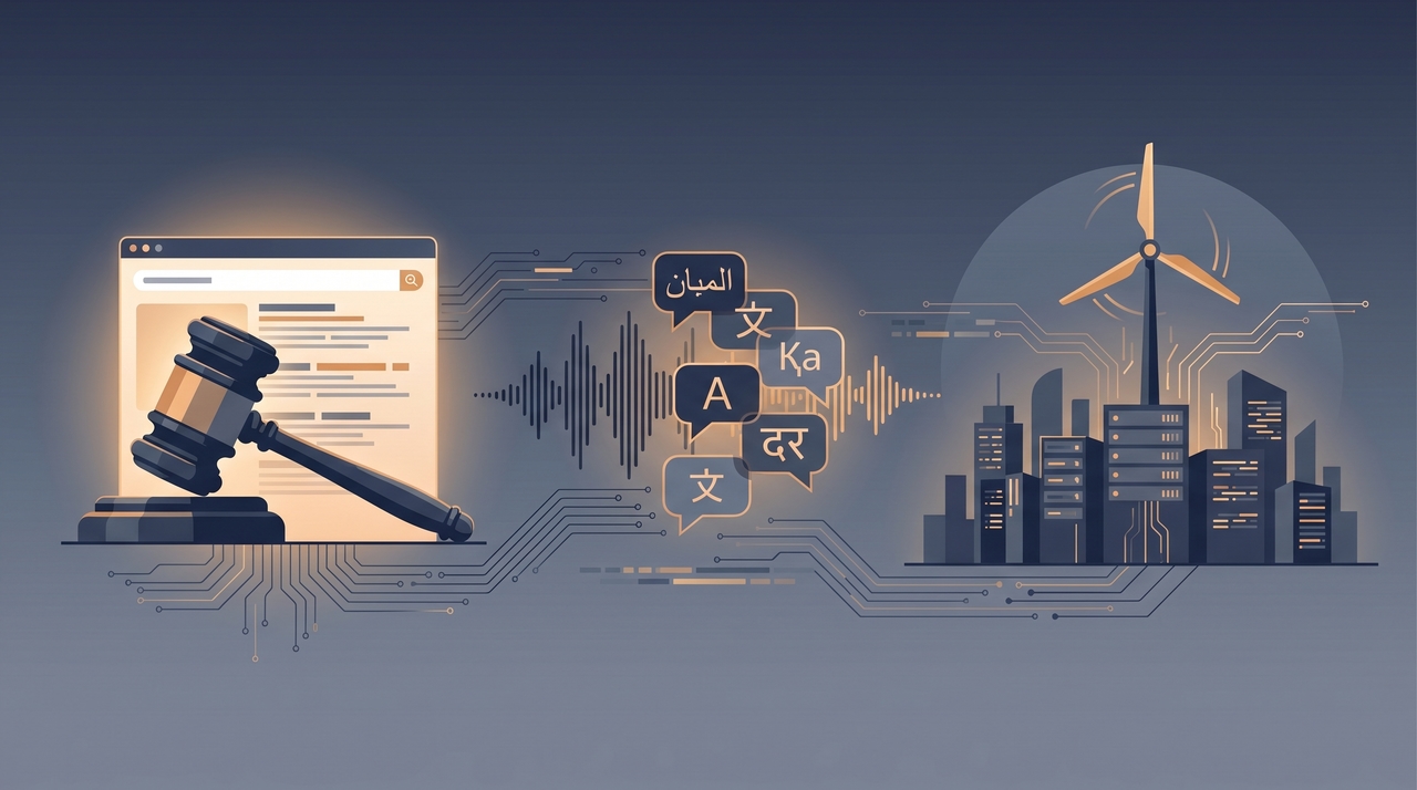 AI news roundup graphic with a courtroom gavel, a real-time translation waveform, and a data center skyline