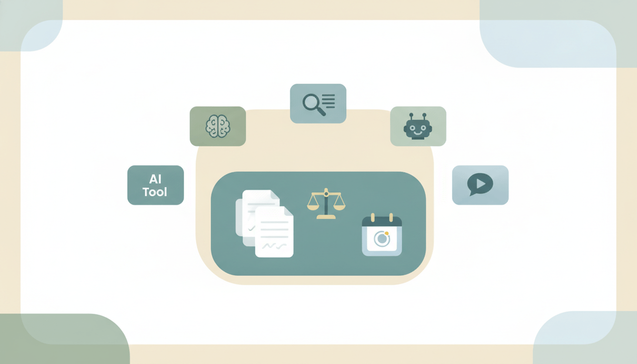 Law firm workspace with sixteen AI tool icons handling research, contracts, intake, court deadlines, and client communication