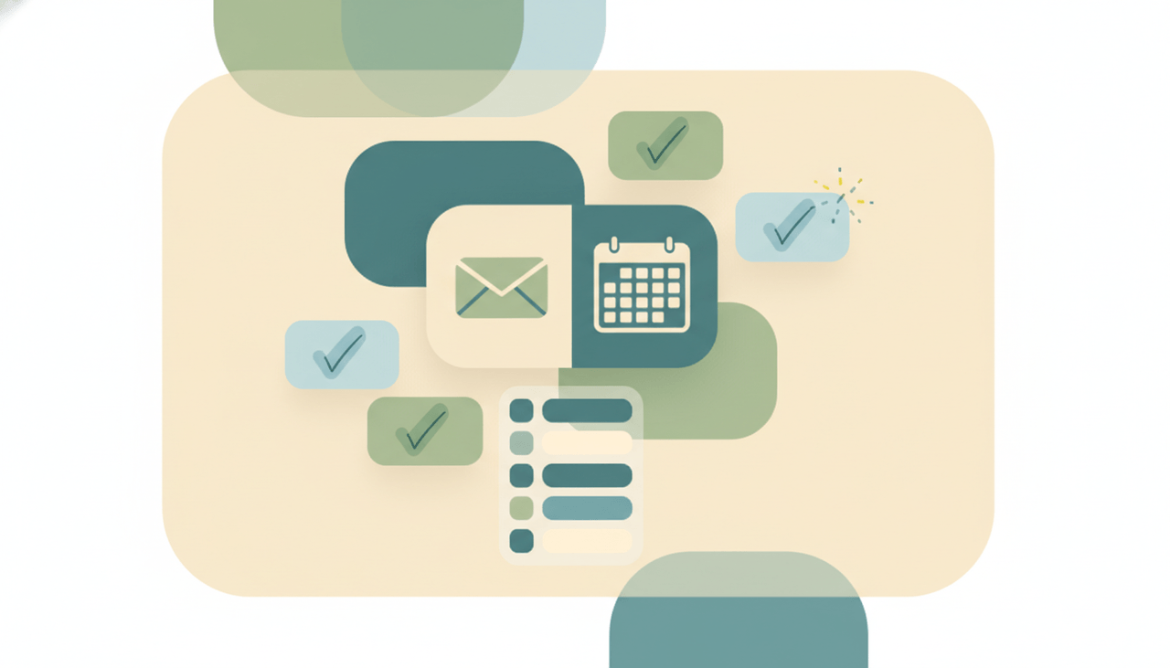 An Outlook inbox and calendar surrounded by task cards from To Do, Planner, and other apps sorting into a tidy list
