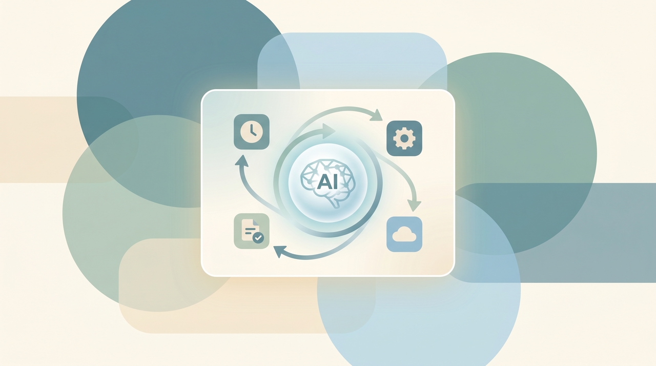 A lineup of workflow automation app icons connected by flowing arrows around a central AI agent node