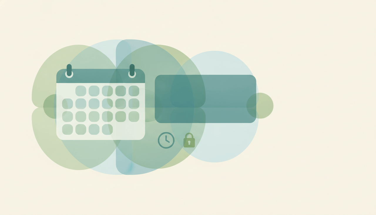 A calendar booking page beside a single event tile, a clock, and a lock icon, representing Calendly free plan limits