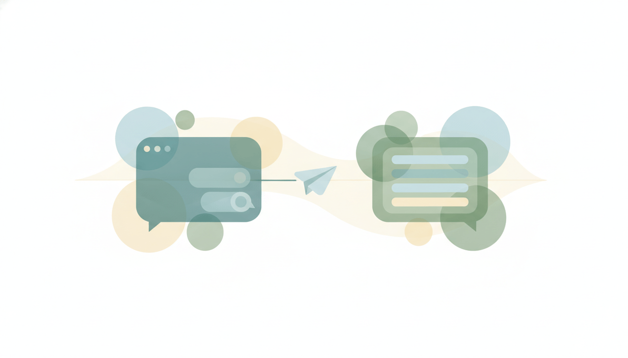A chat-app panel reaching a paper-plane email icon toward a separate inbox panel, illustrating ChatGPT sending mail without opening Gmail