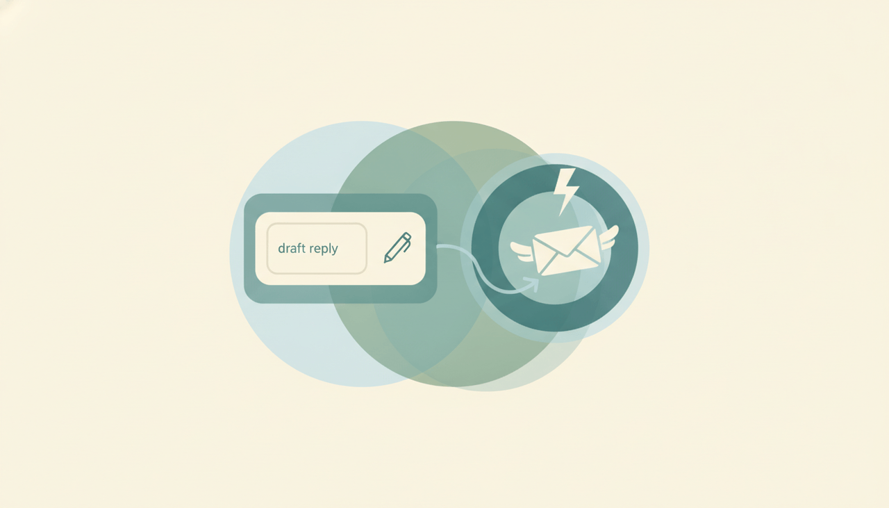 Microsoft Outlook inbox with a Claude assistant panel drafting a reply, alongside an autonomous email agent icon