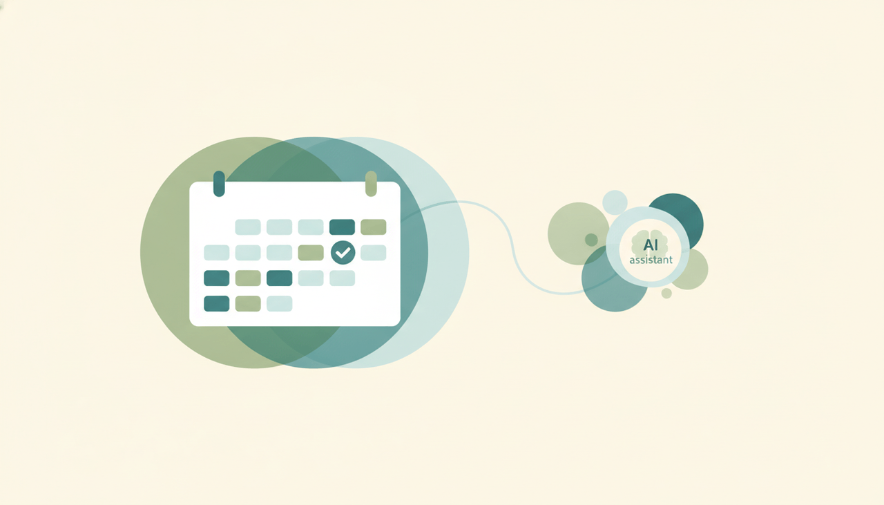 Claude assistant panel creating an event in Google Calendar, alongside an autonomous scheduling agent icon