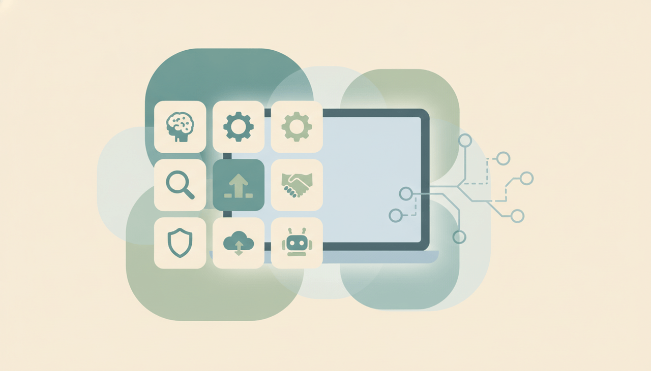 Grid of AI agent app icons arranged around a laptop and workflow diagram representing Convey alternatives