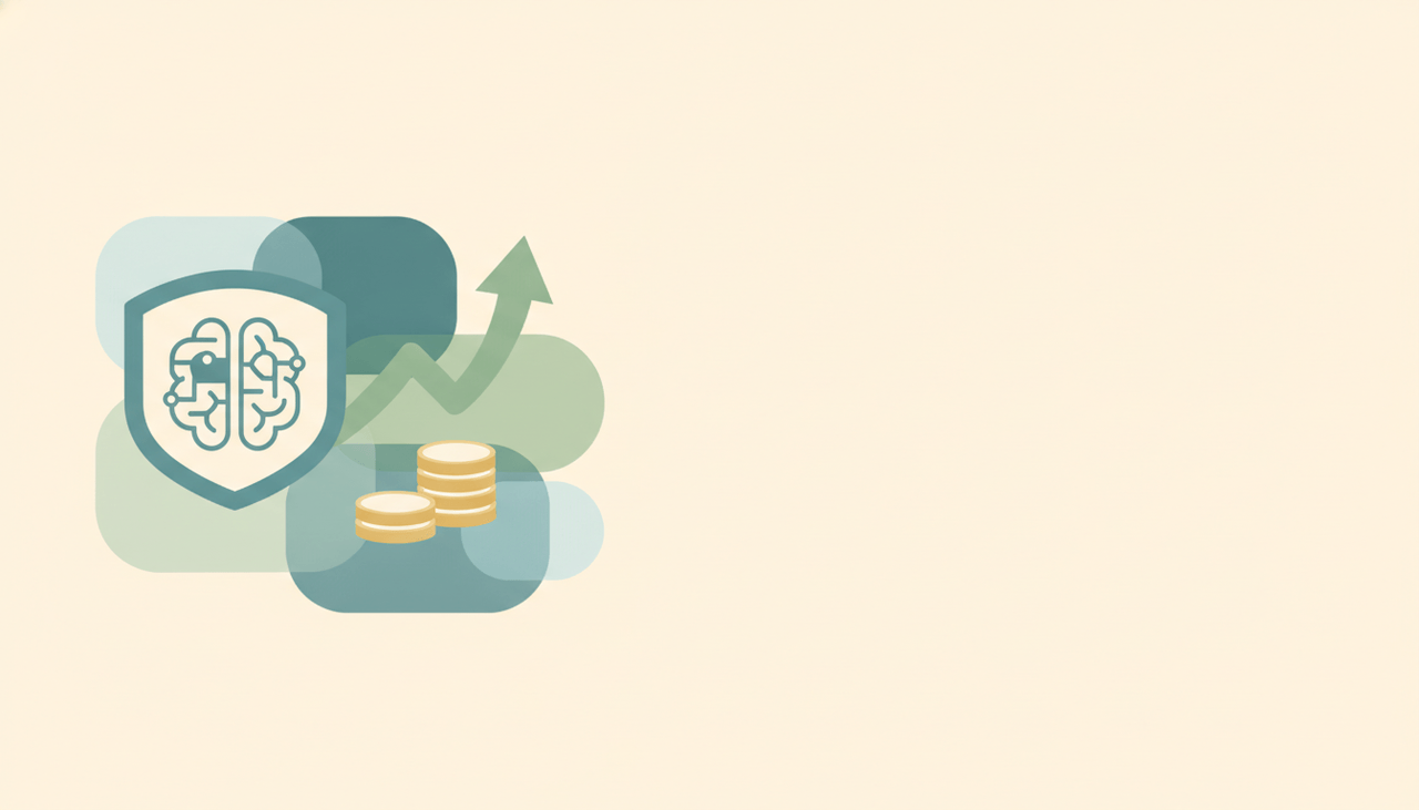 Stylized AI worker badge beside an ascending growth arrow and stacked coins representing a startup funding milestone