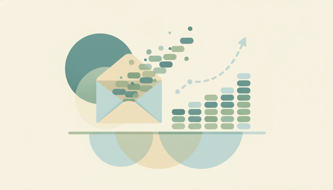 Abstract dashboard of an overflowing envelope feeding rising bar charts, representing email volume and overload statistics