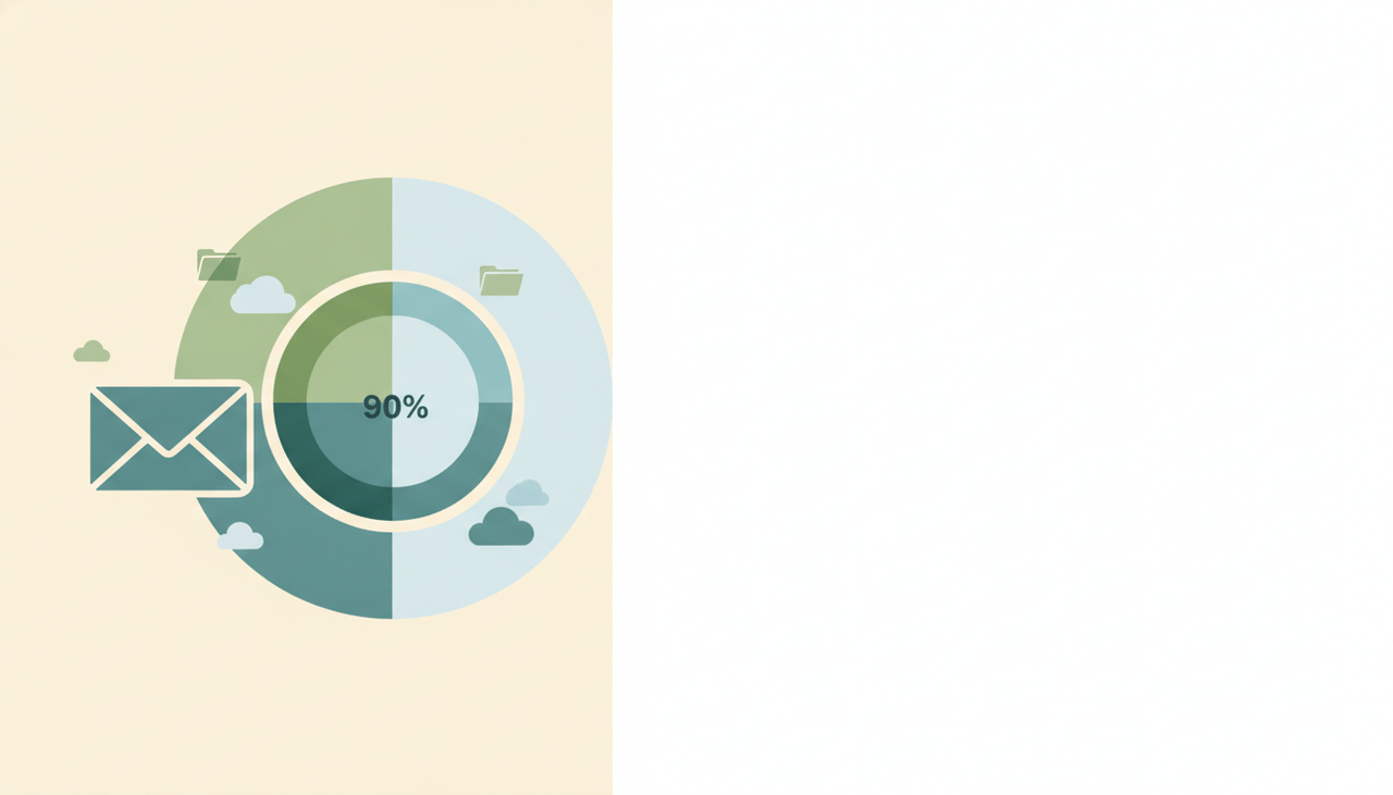 Abstract illustration of a storage gauge nearing full with envelope, folder, and photo icons feeding into a single bar