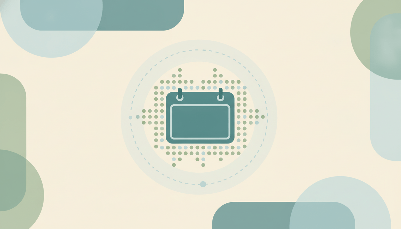 Abstract calendar grid with a cluster of small circular dots representing event attendees