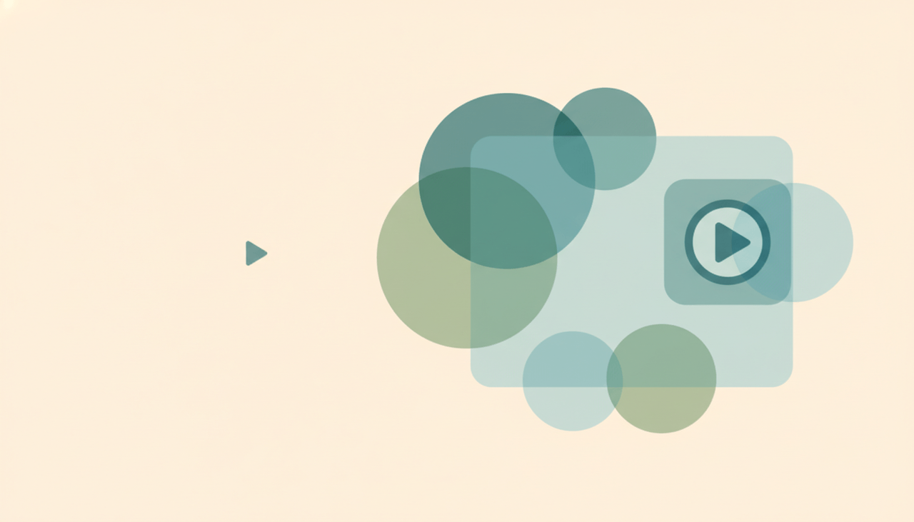 A soft play-button clip tile sliding onto a design canvas over layered circles