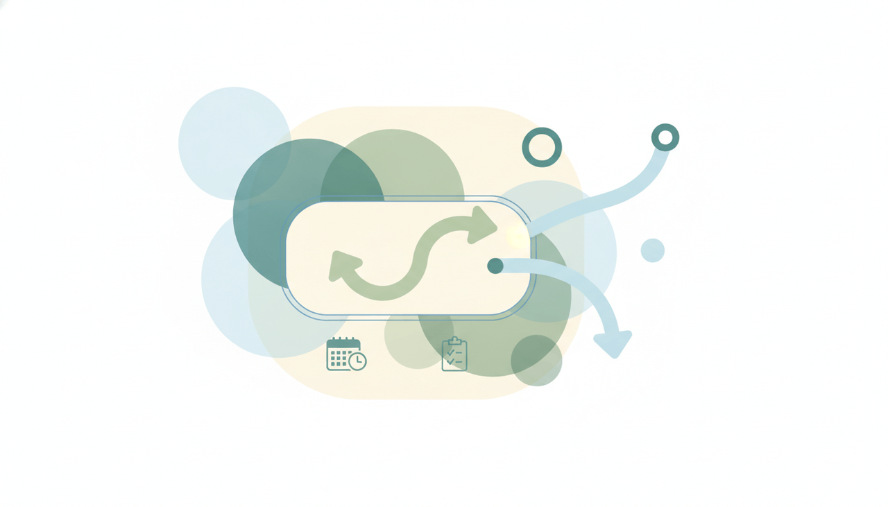 A rounded form card with a branching arrow splitting into two paths over layered circles