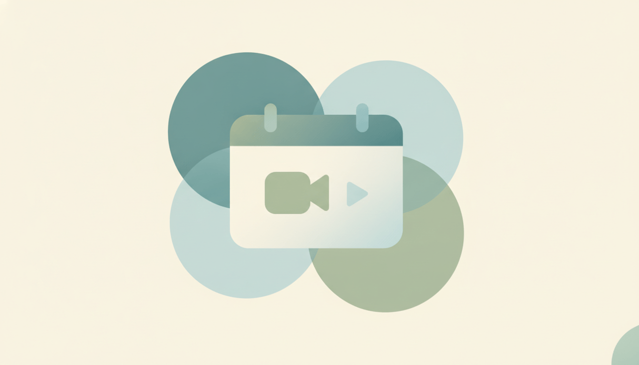 Illustration of a calendar event card with a video camera icon and a meeting link generating onto a laptop and phone