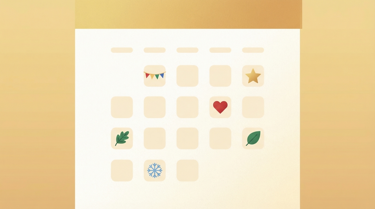 Google Calendar grid with holiday icons like fireworks, gifts, and flags marking dates across the month