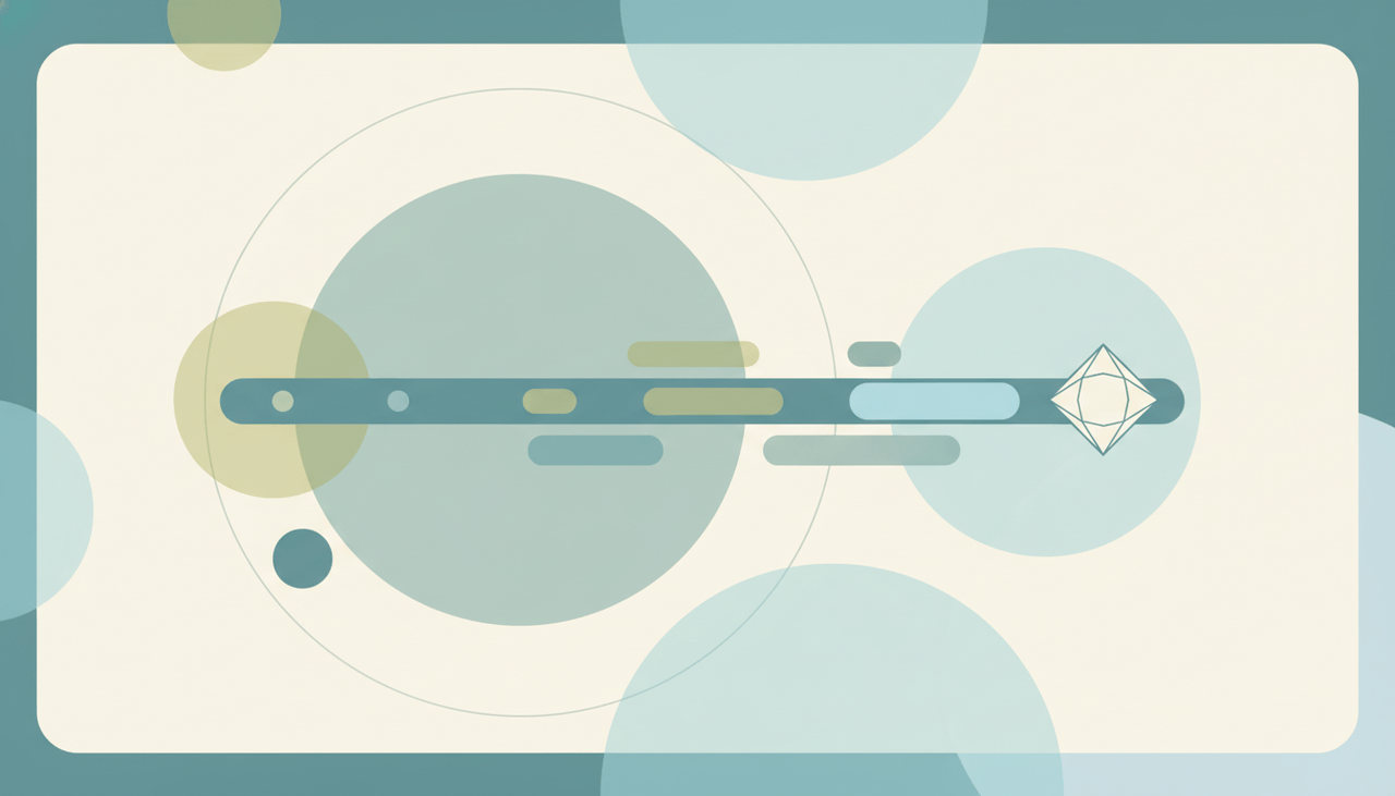 A soft diamond marker sitting on a horizontal project track among rounded task bars, over layered circles