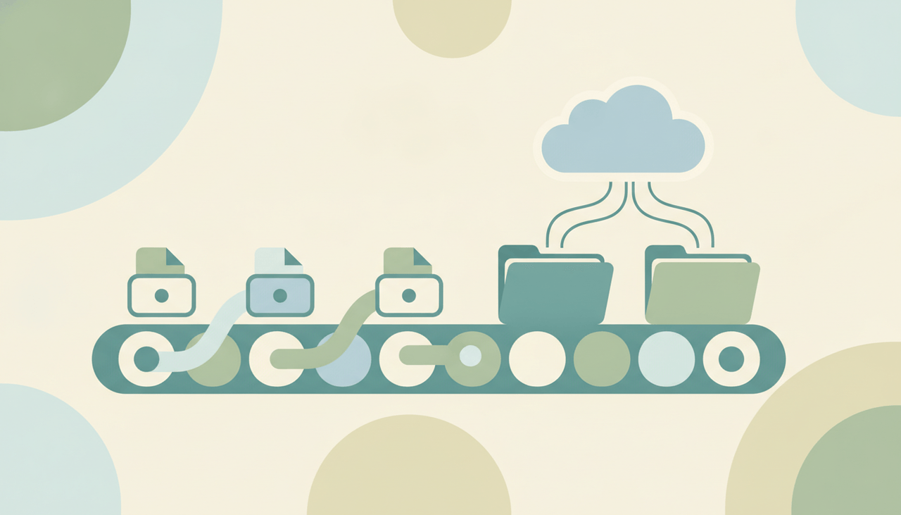Soft files flowing along a gentle conveyor into sorted folders beside a cloud over layered circles