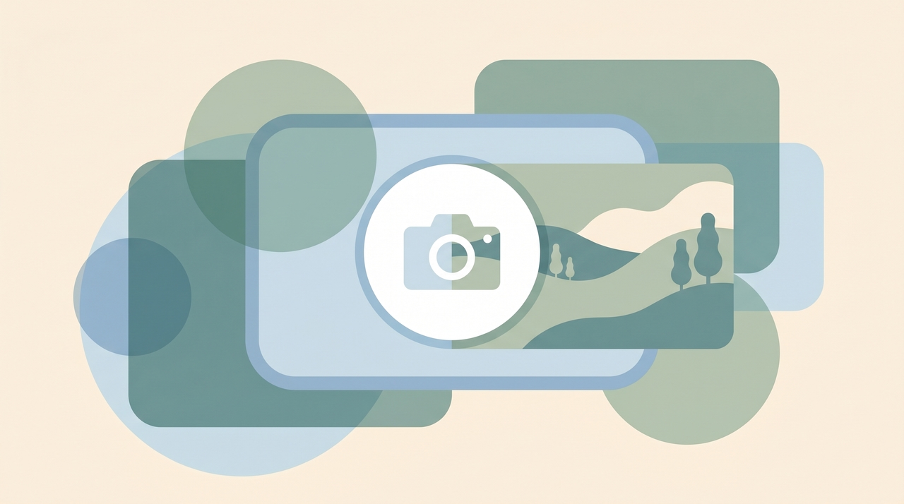 A video tile with a scenic backdrop sliding in behind a crisp foreground figure, representing a virtual background in Google Meet