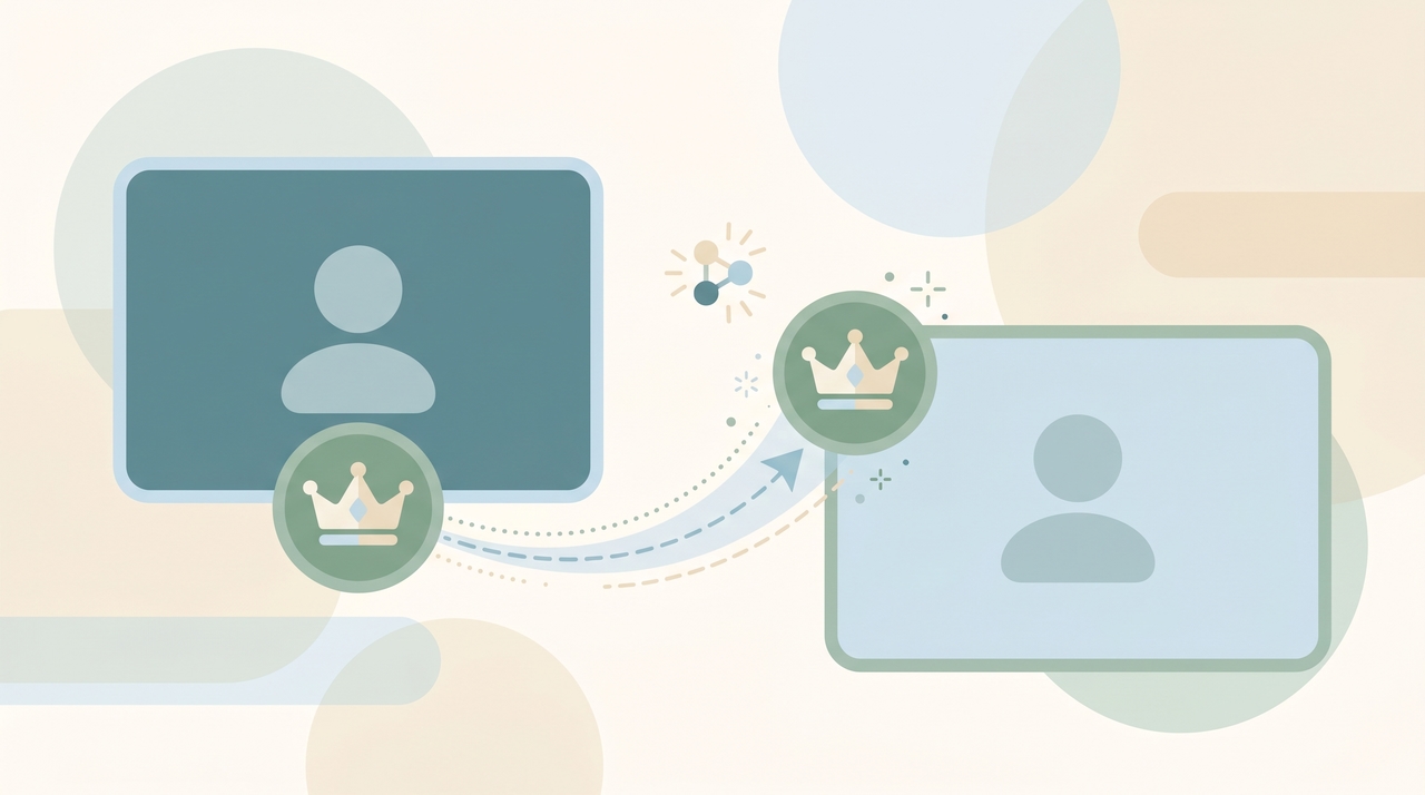A crown or host badge passing from one video tile to another, representing transferring host on Zoom