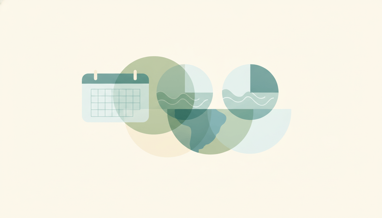 Illustration of a Google Calendar week view with two time zone columns and a clock showing different regions