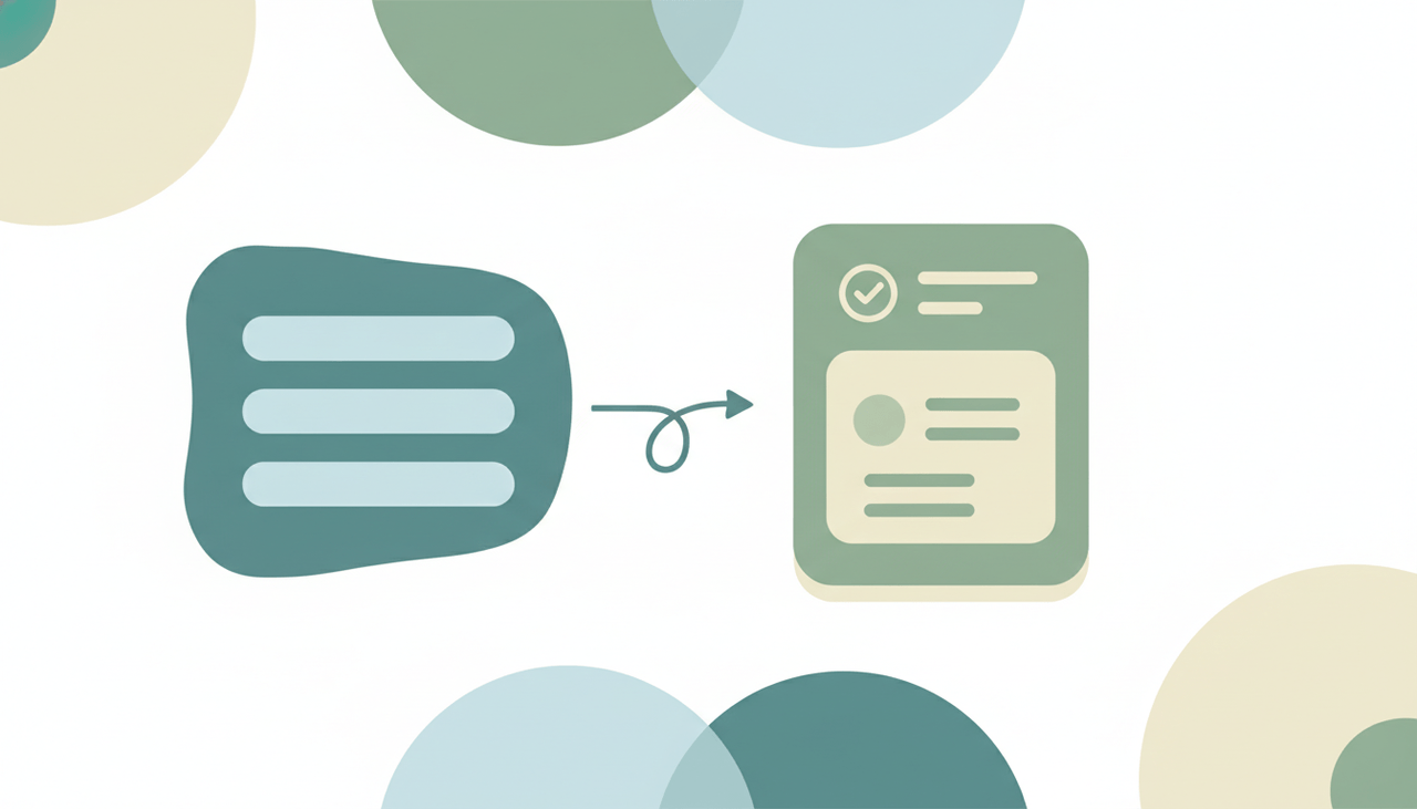 A soft form with rounded input rows feeding an arrow into a project task card, over layered circles