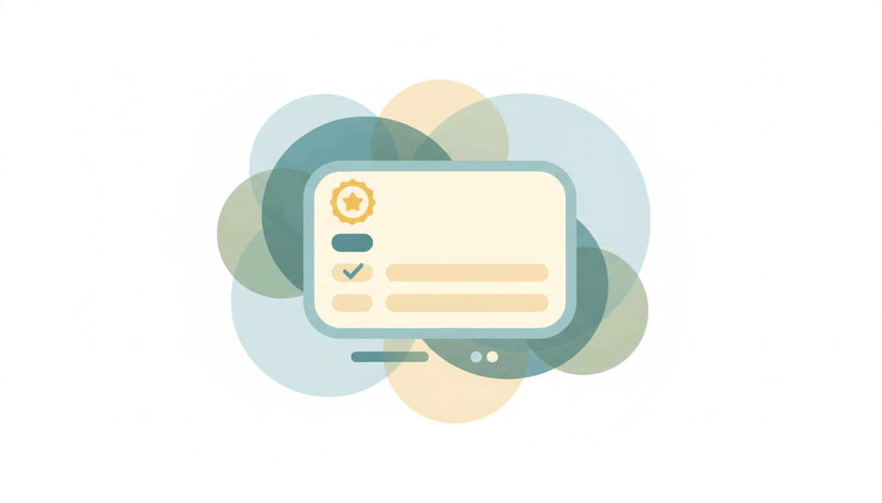 A rounded quiz card with a checkmark, a star score badge and stacked answer rows over layered circles