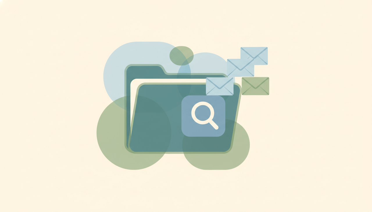 A virtual folder with a magnifying glass gathering matching emails from several folders