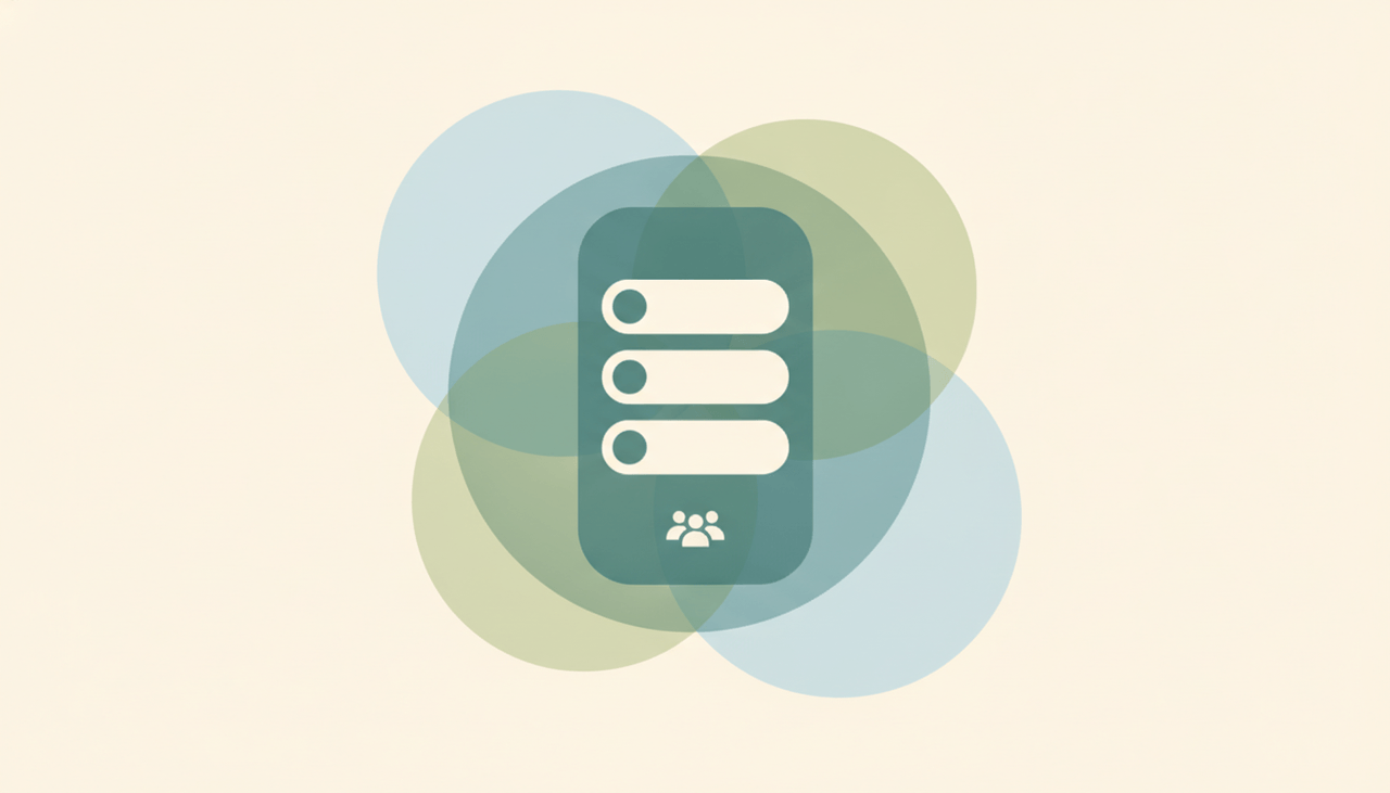 A rounded sign-up sheet card with checkable slot rows and a soft people badge over layered circles