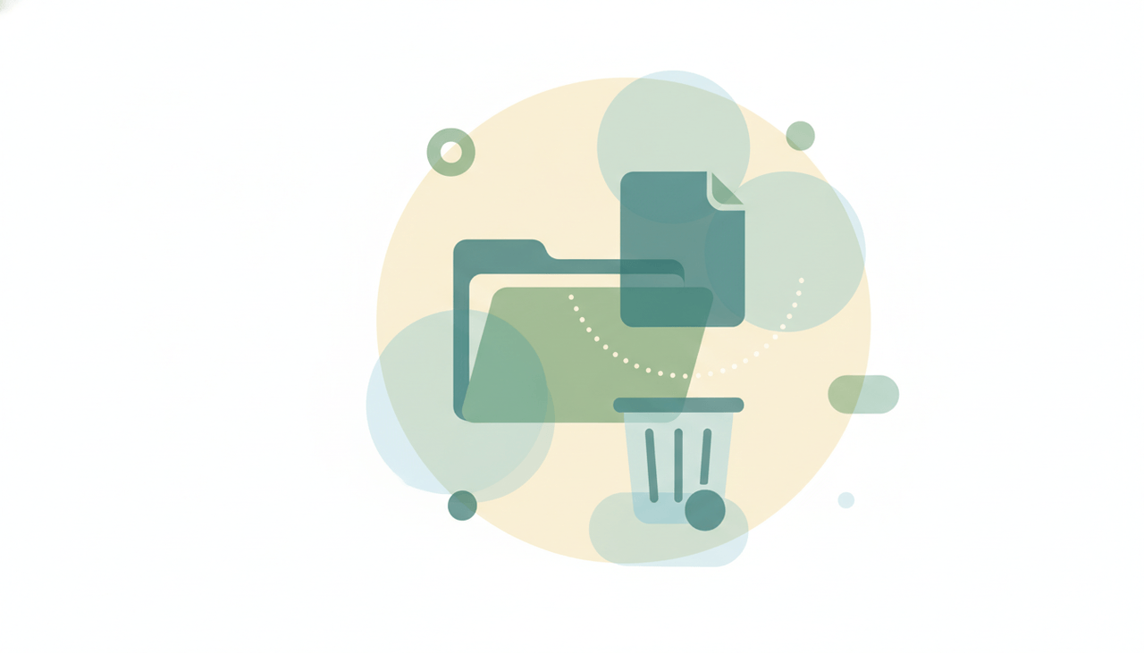 A soft file tile lifting away from a folder toward a gentle trash motif over layered circles