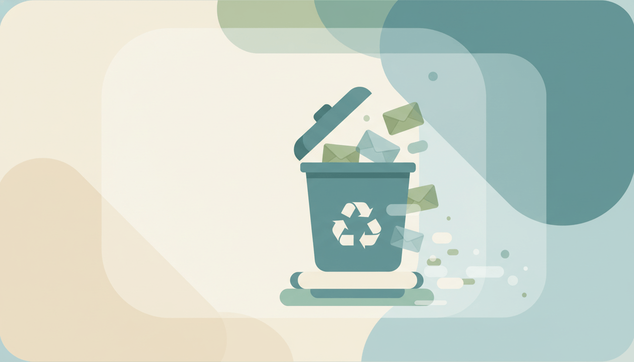 A trash folder icon with emails clearing out and a small recovery arrow nearby