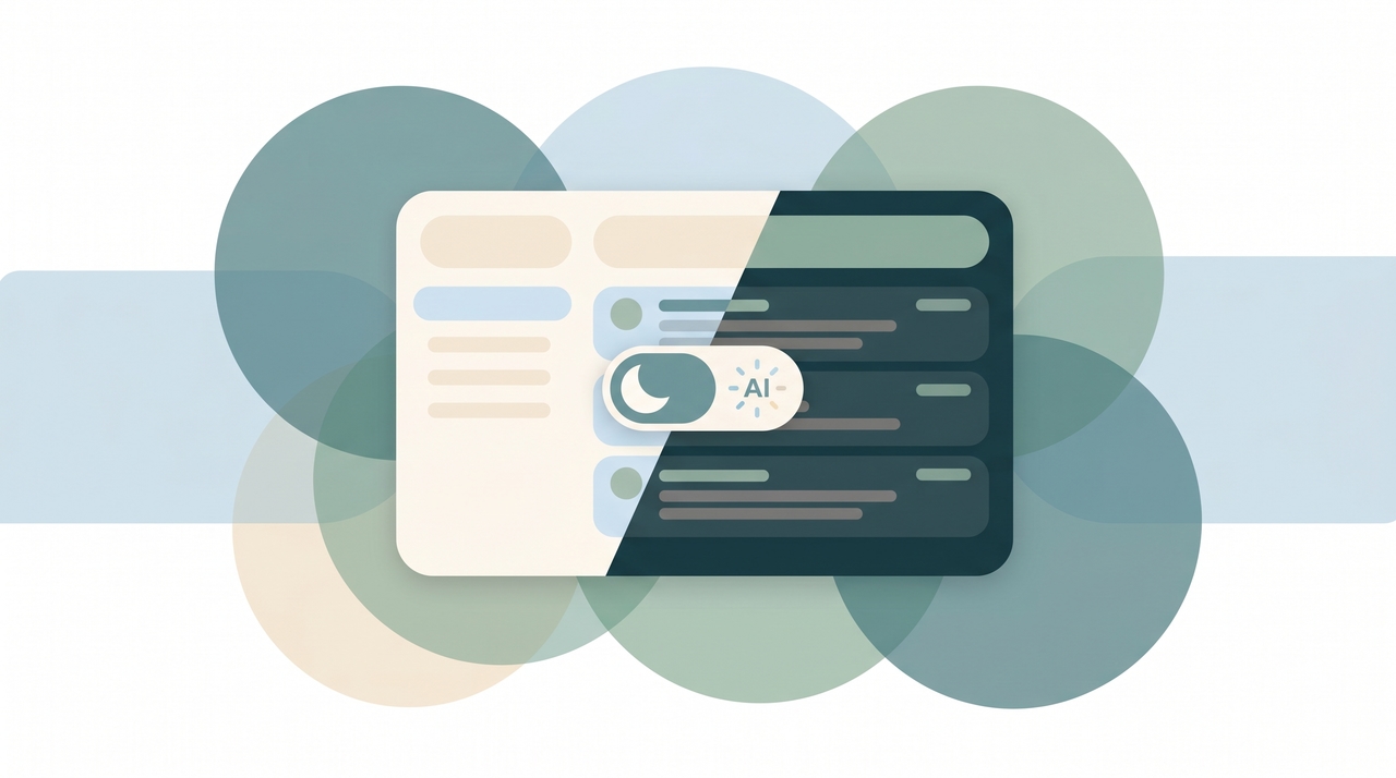 Illustration of a Gmail inbox split between light and dark themes with a toggle switch flipping between the two modes
