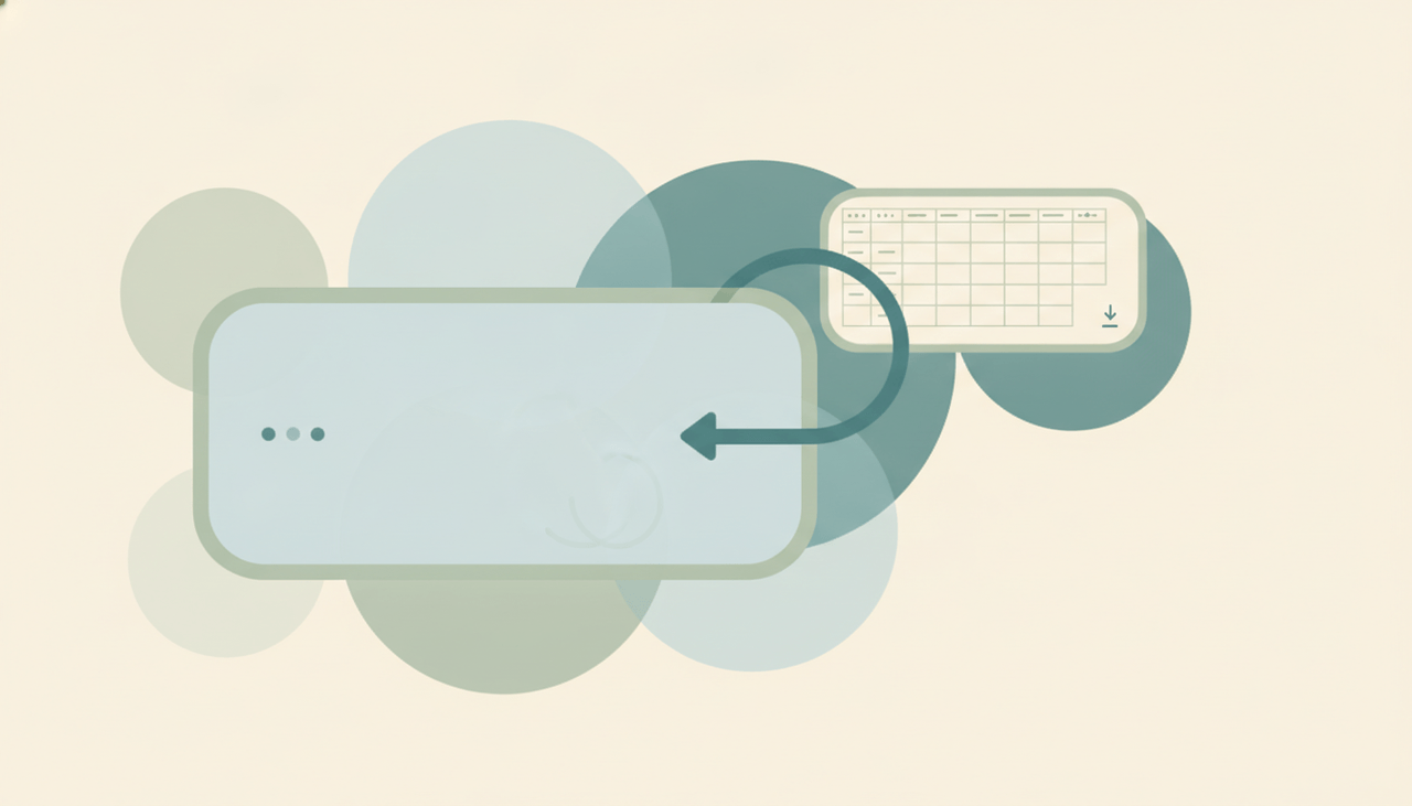 A rounded form card with a soft arrow flowing into a spreadsheet grid tile over layered circles