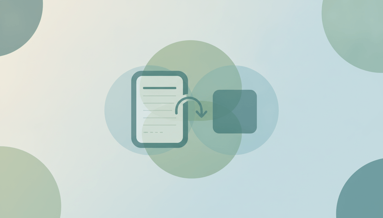 A note page transforming into a stacked PDF document with a soft download arrow