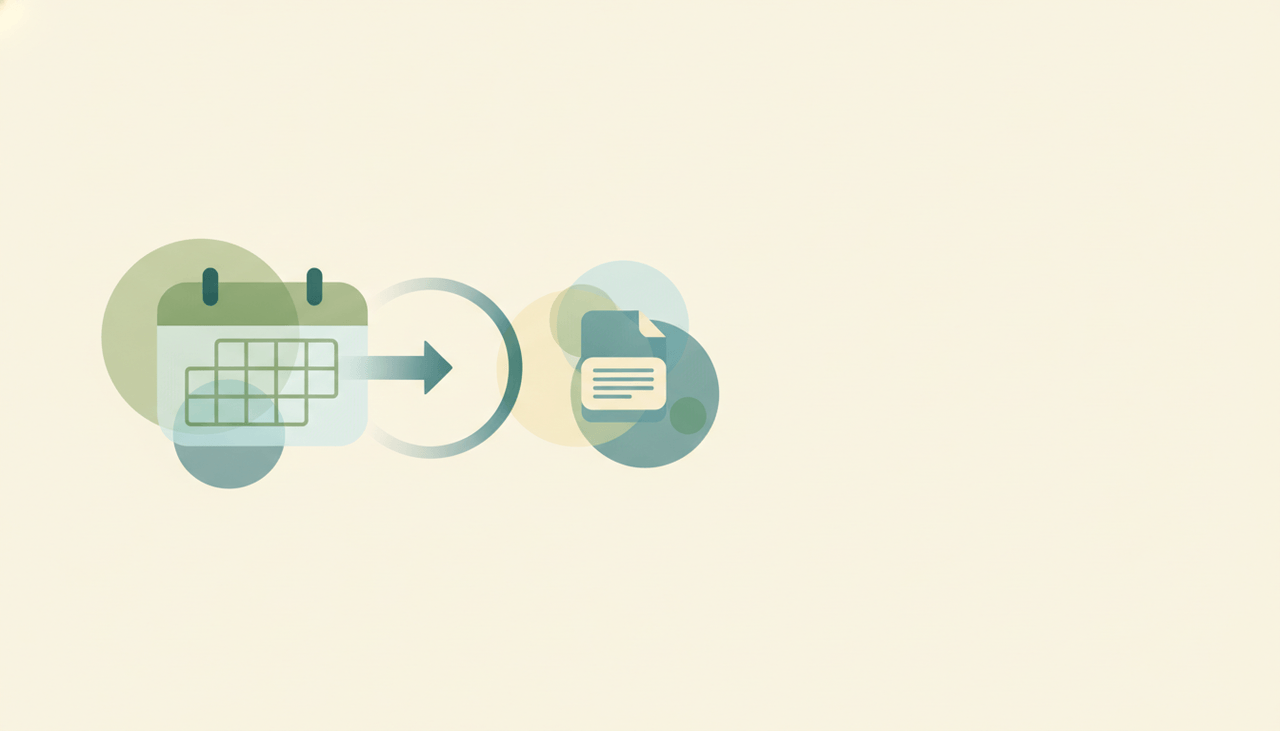 Illustration of an Outlook calendar grid with events flowing out into a downloadable file icon