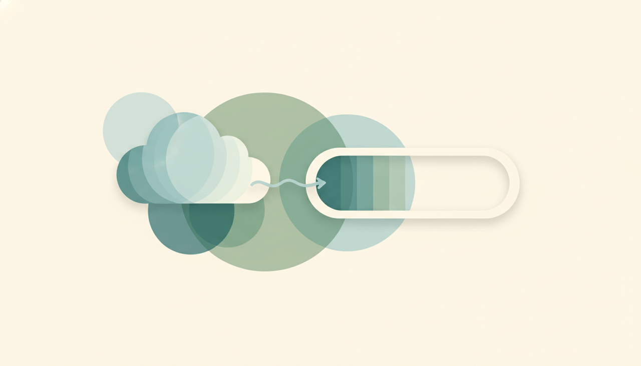 A soft storage gauge easing from full toward empty beside a cloud over layered circles