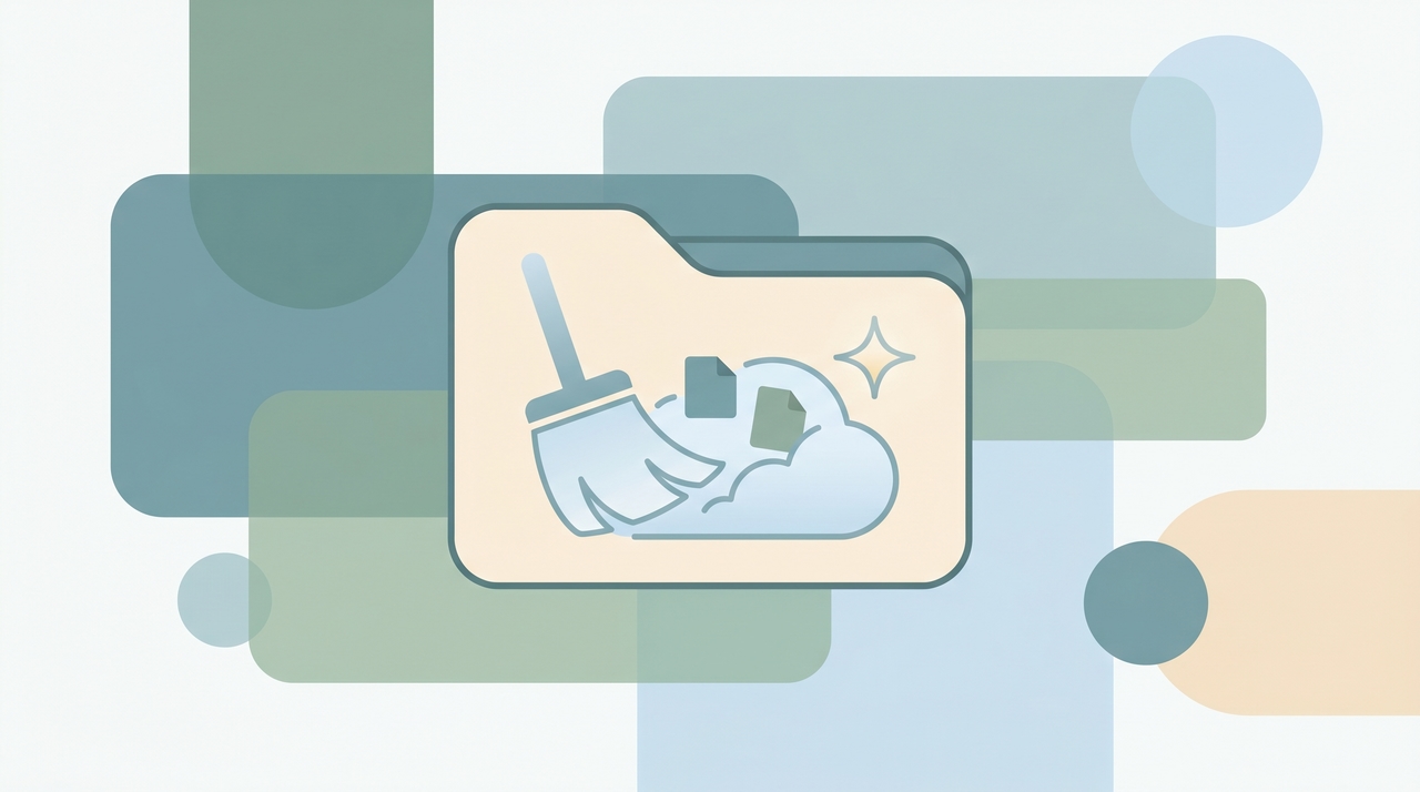 A cloud icon with a downward broom sweeping files, representing freeing up disk and cloud space in OneDrive