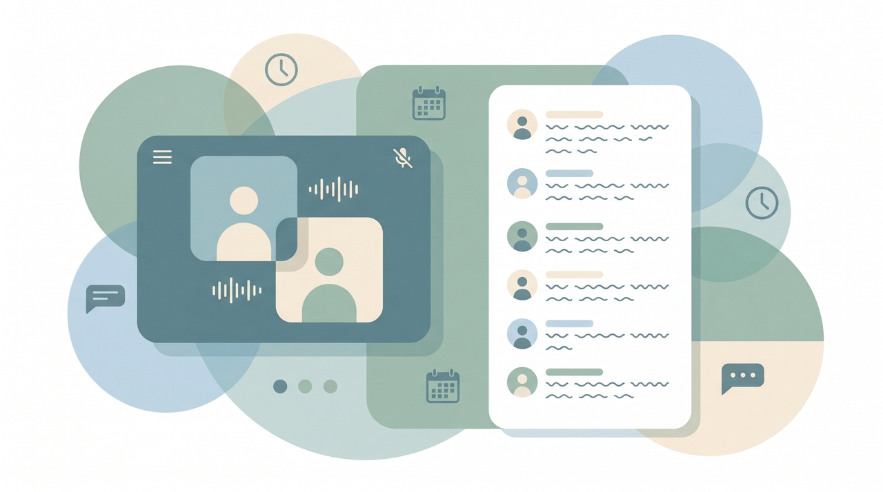A Microsoft Teams meeting beside a document panel filling with timestamped speaker text, representing a live transcript