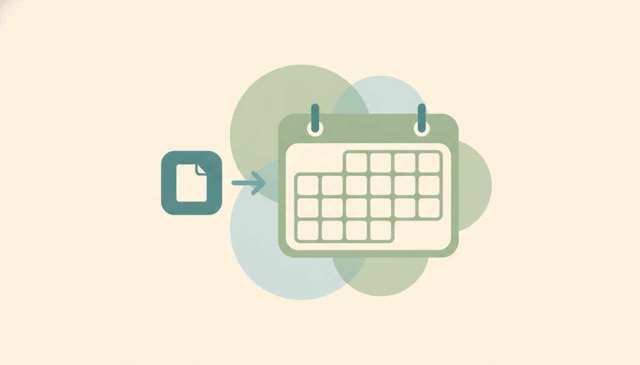 Illustration of a calendar file icon being loaded into an Outlook calendar grid with sync arrows