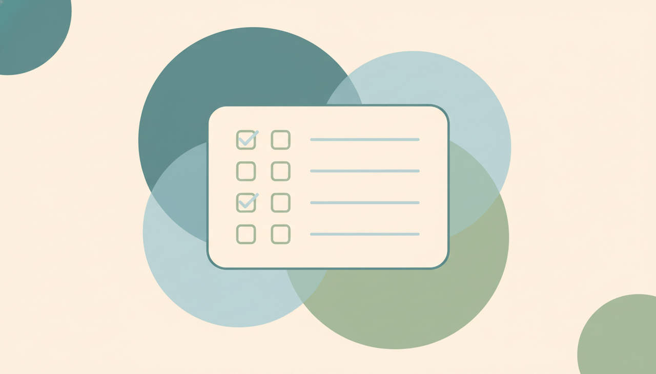A document list with small soft checkbox squares beside each line, a few softly ticked