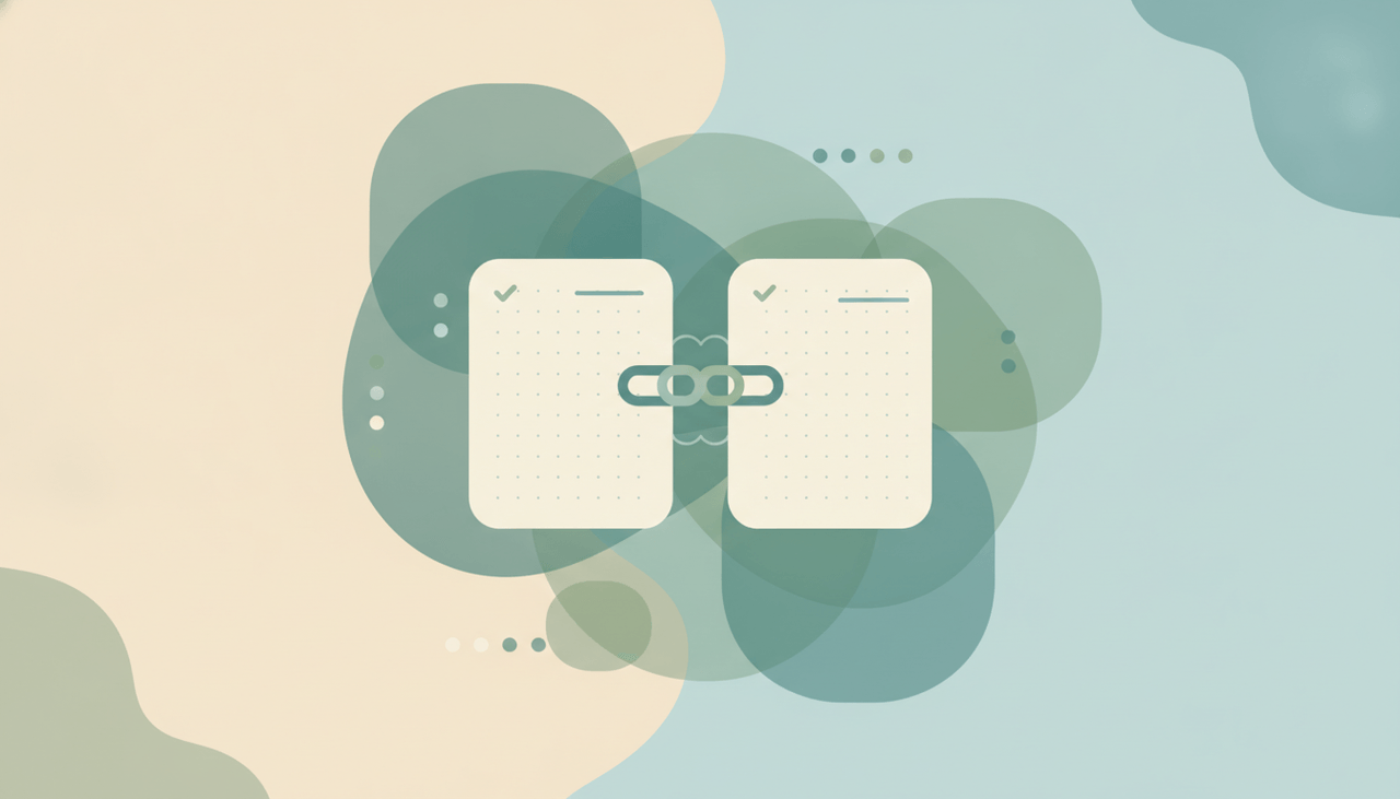 Two soft note pages connected by a glowing line with a small link icon