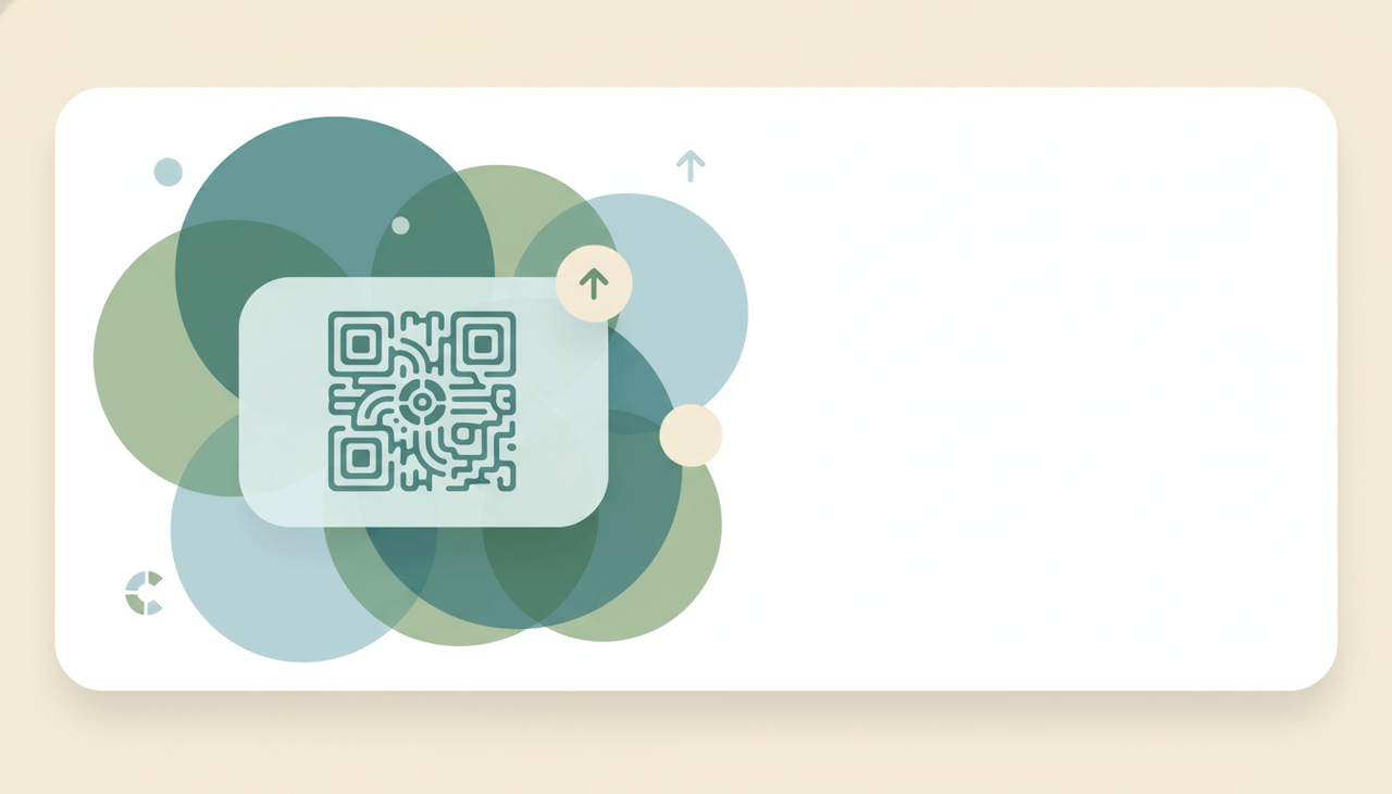 A soft scannable code square settling onto a design card over layered circles