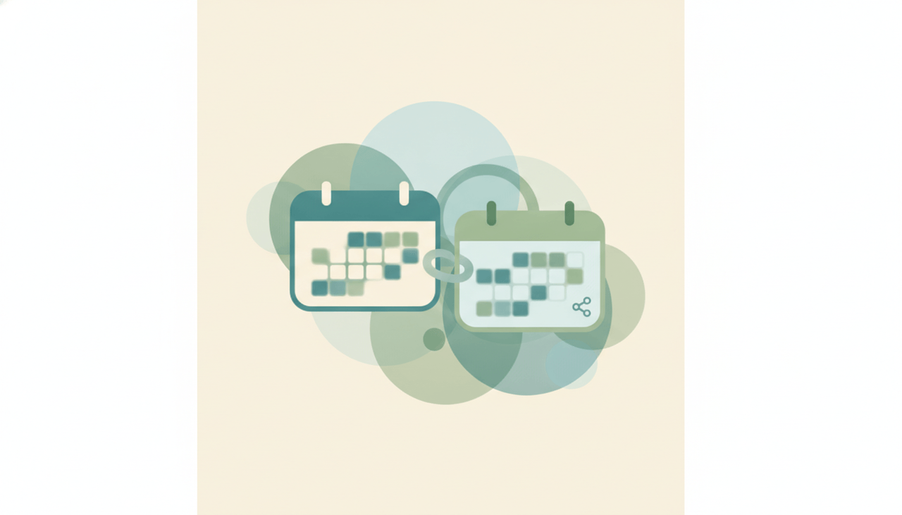 Illustration of two overlapping Outlook calendars representing a shared calendar opened alongside a personal one