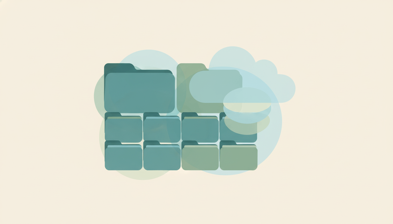 Soft nested folder shapes settling into neat rows beside a cloud over layered circles