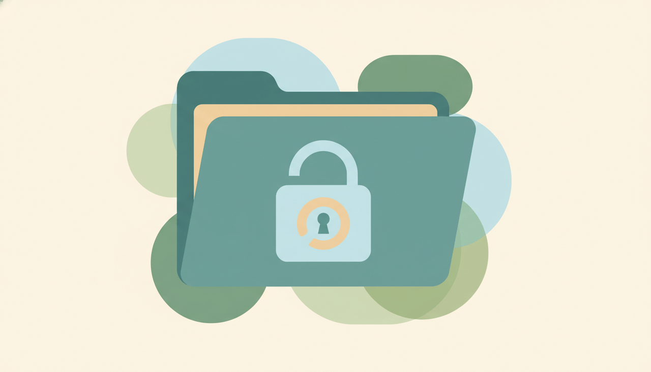 A soft folder shape behind a gentle lock and key motif over layered circles