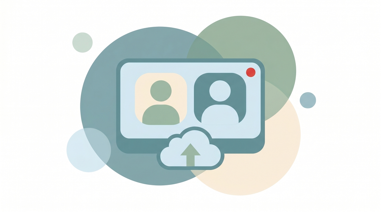 A video call tile with a red record dot and a Drive save icon, representing a Google Meet being recorded