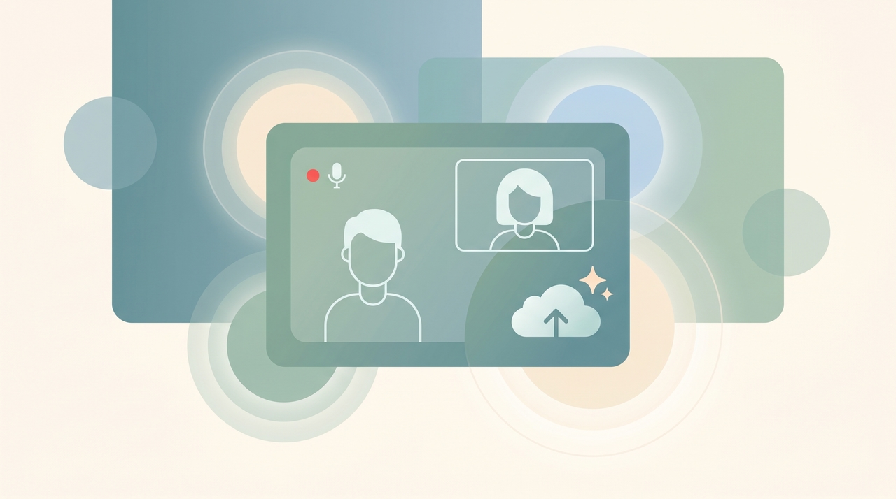 A video window with a red record dot and a cloud-save icon, representing a Microsoft Teams meeting being recorded