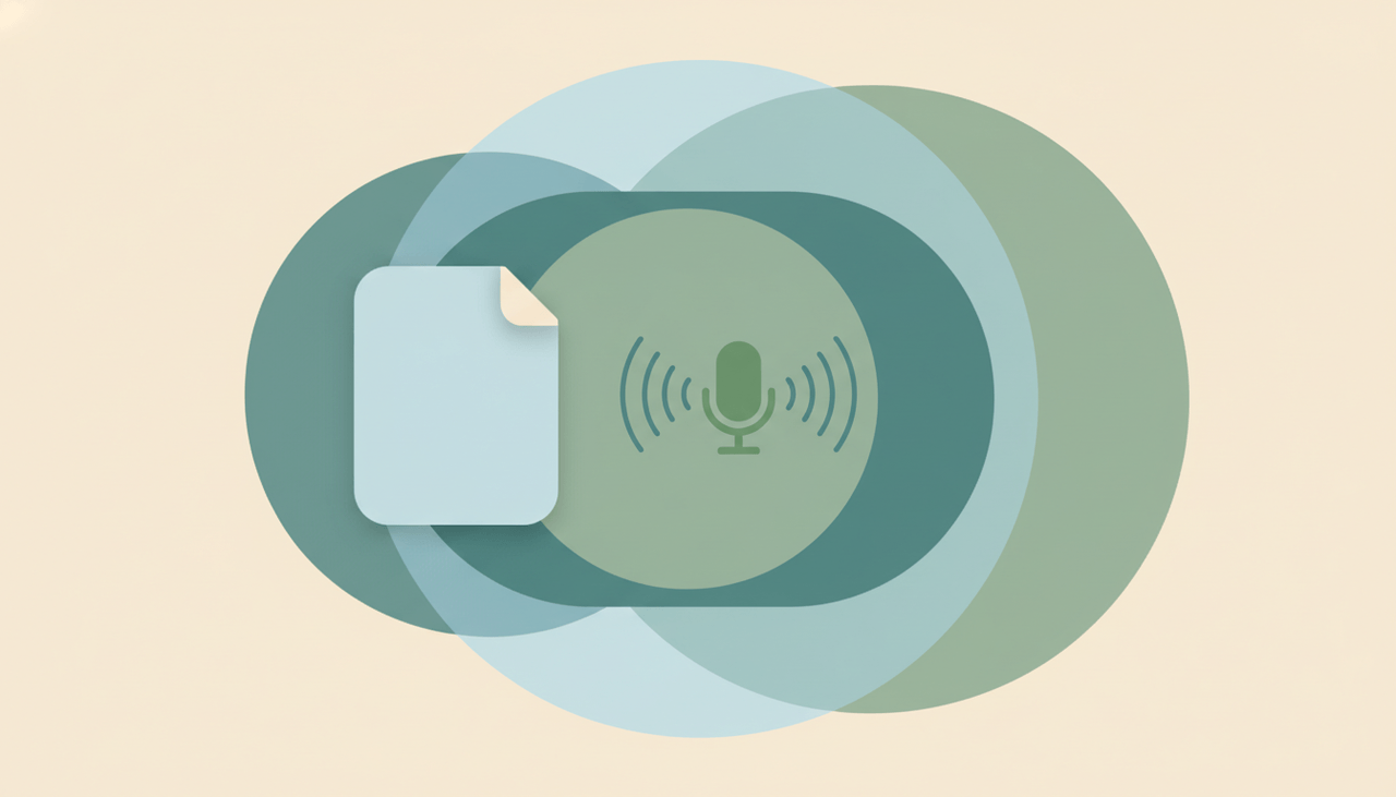 A note page with a soft audio waveform and a small play button beside typed lines