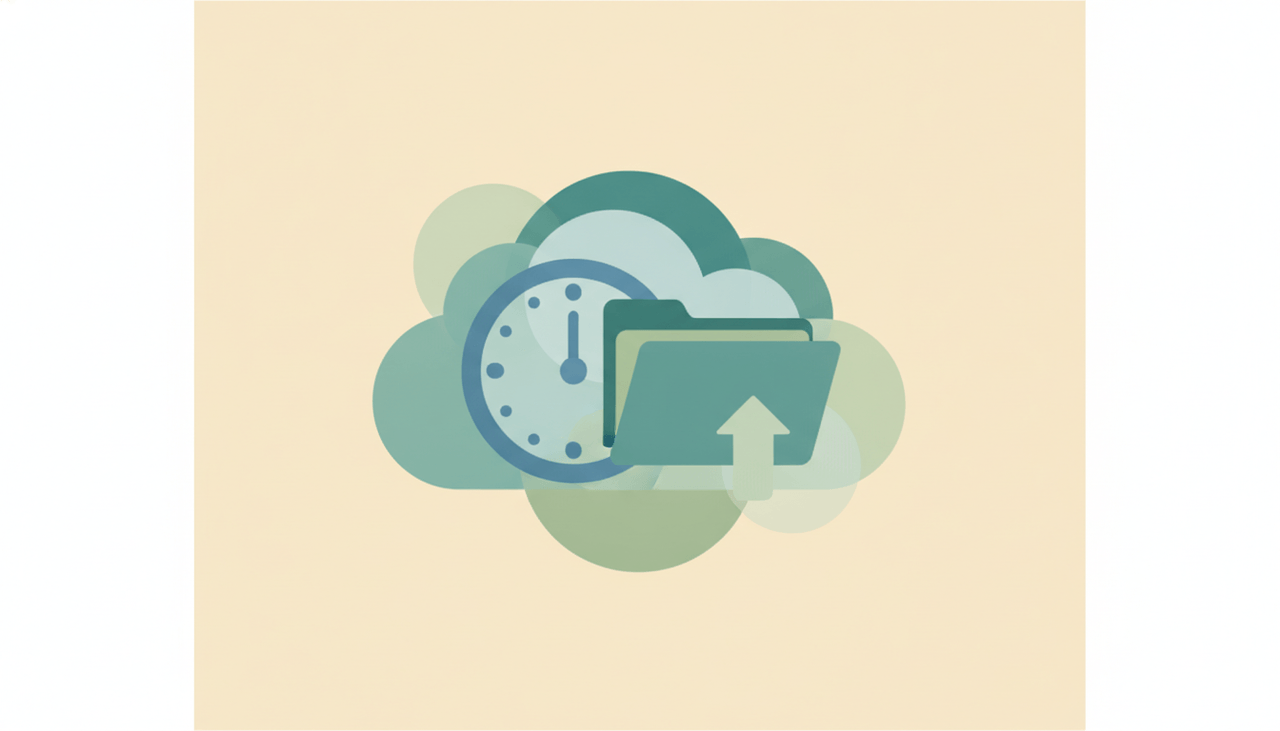 A soft file tile reappearing from a gentle clock-and-cloud motif over layered circles