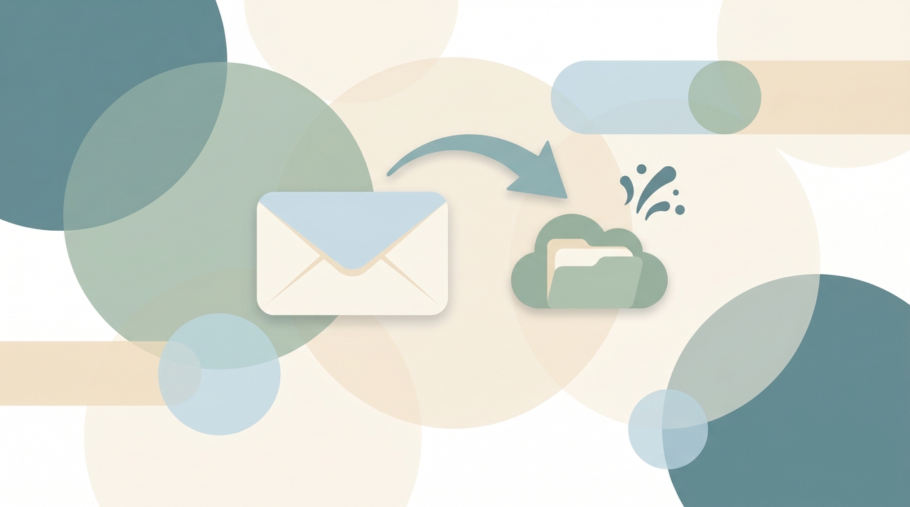Illustration of a Gmail message flowing through a download arrow into a Google Drive folder with a PDF file icon