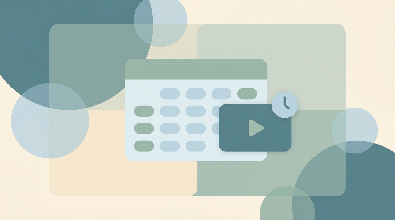 A calendar card with a video tile and a clock, representing a scheduled Google Meet
